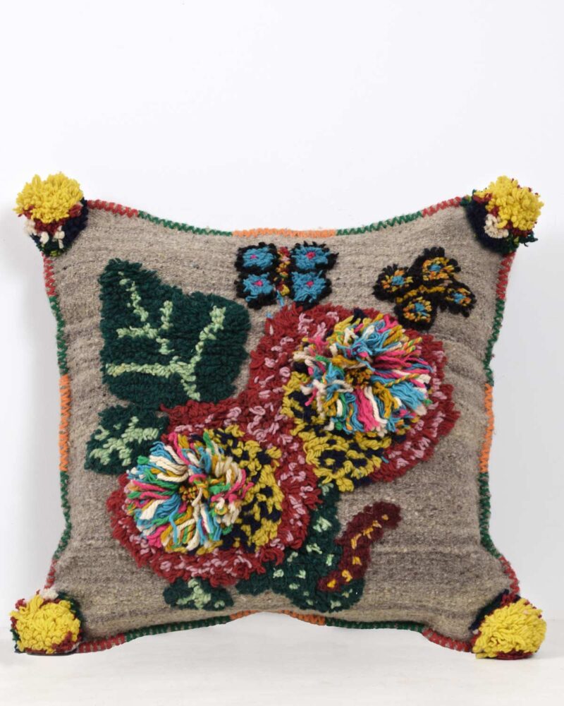 Grande housse de coussin carrée en laine Grandes Fleurs et Papillon