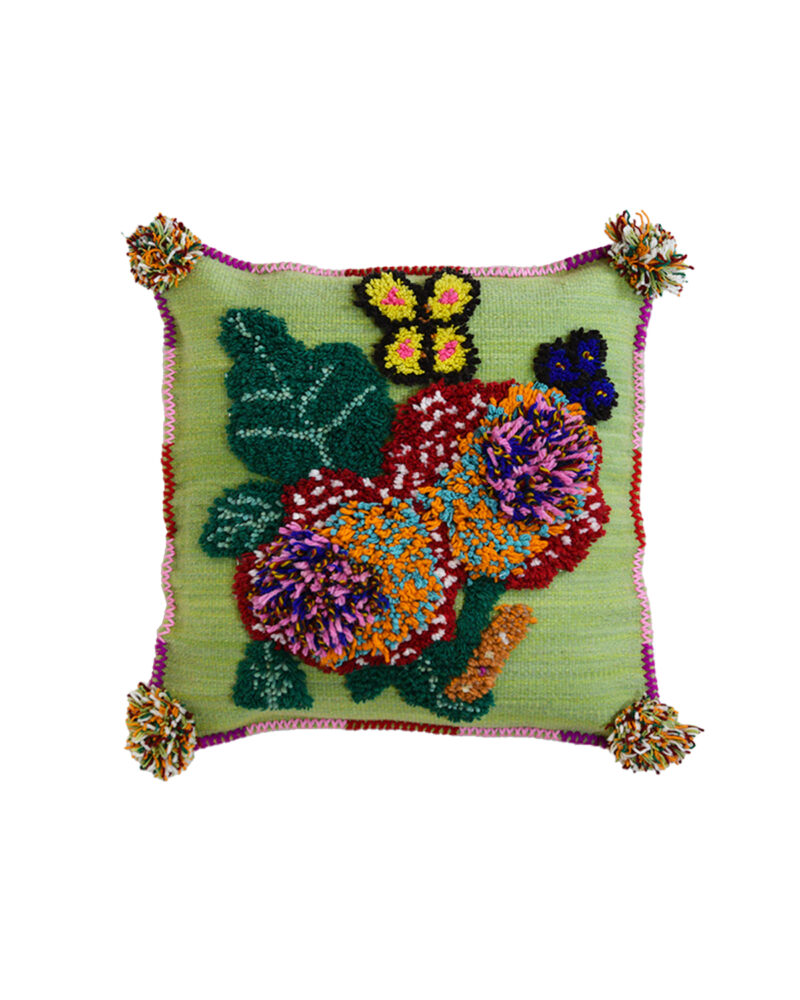 Grande housse de coussin carrée en laine Grandes Fleurs et Papillon