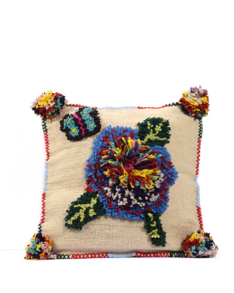 Petite housse de coussin carrée en laine Grandes Fleurs et Papillon