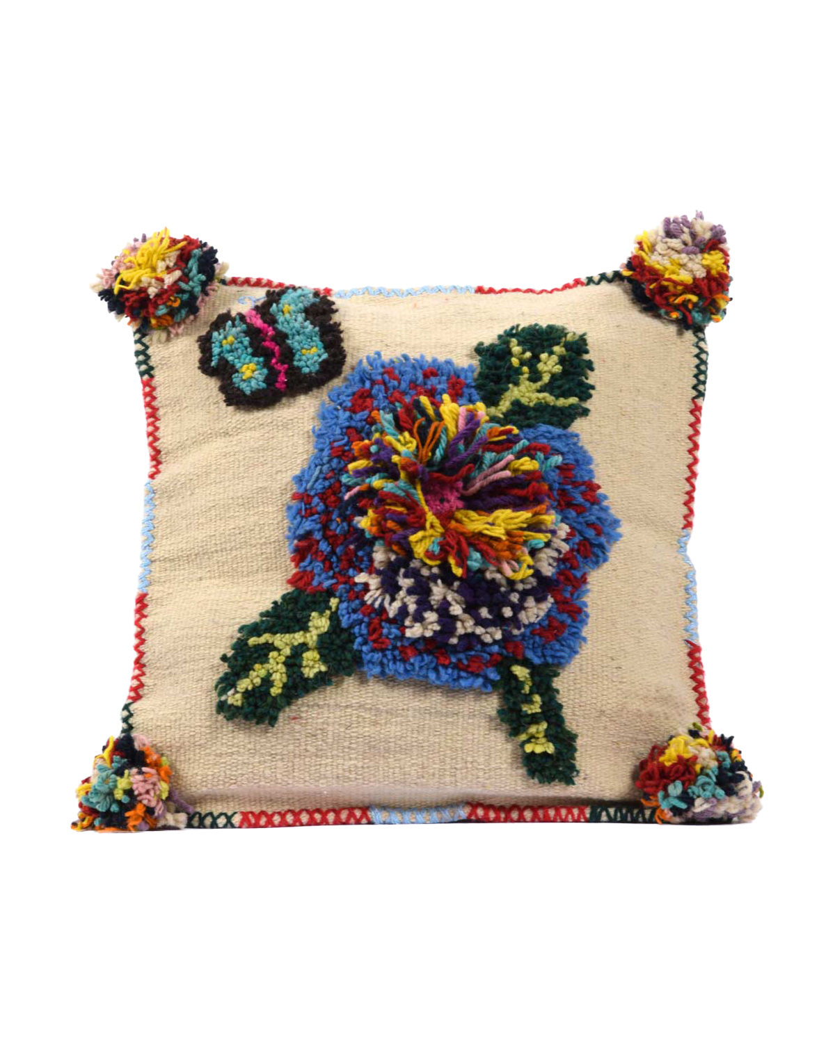 Petite housse de coussin carrée en laine Grandes Fleurs et Papillon