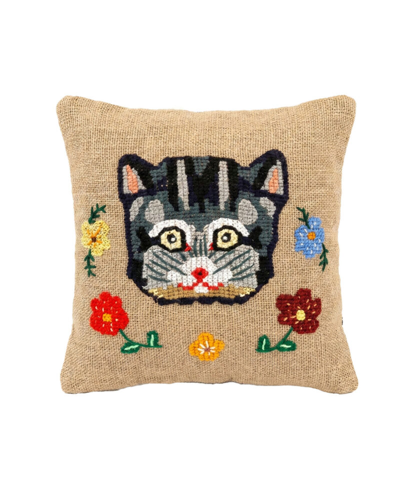 Housse de coussin en Jute brodée Chat